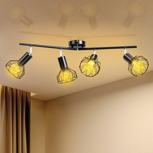 Mexllex LED Deckenstrahler 4 Flammig, Vintage Deckenlampen Schwenkbar 350°E14, Deckenlampe Spots LED Schwarz, Lampe Deckenleuchten für Wohnzimmer, Schlafzimmer, Küche, mit E14 Leuchtmittel