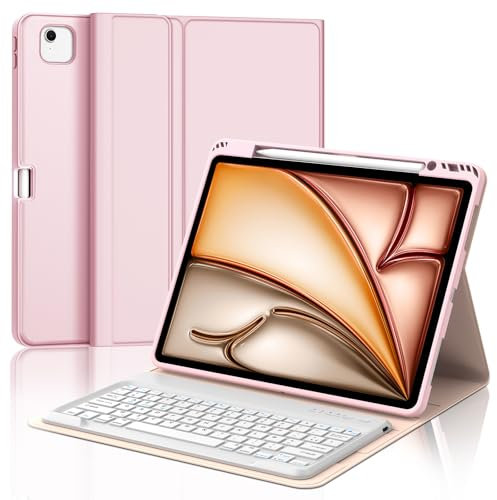 IVEOPPE Clavier iPad Air 13 Pouces (M2 2024/M3 2025), AZERTY Français Clavier Coque, Étui Clavier Détachable sans Fil Bluetooth pour iPad Air 13 Pouces M2 2024/M3 2025, Rose