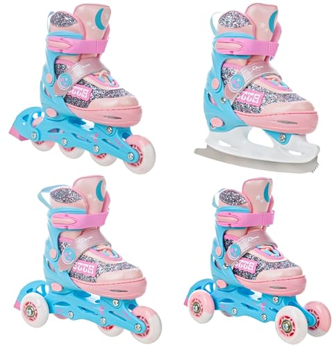 RAVEN 4in1 Inline Skates Triskates Rollschuhe Schlittschuhe Inliner für Kinder Mädchen verstellbar (Etta Blue/Pink, 34-37 (21,5cm-24cm))