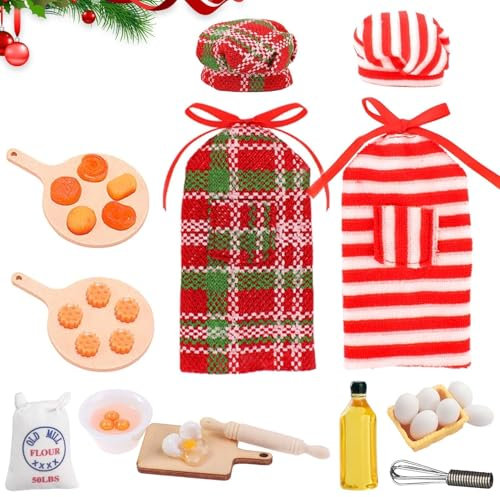TaimeiMao 26 Stück Weihnachten Elfen Puppenzubehör,Weihnachten Elf Puppe Kostüm,Elf On The Shelf Zubehör,mit Schürze,Kochmütze,Mini-Nudelholz,Mini-Schneidebrett und Mini-Eiern,für Elfenpuppe Zubehör.
