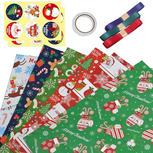 MORAINJAY 6 Fogli Carta Regalo Natale Set,50x70cm Bambini Carta Regalo Natalizia con Adesivi e 2 Nastri Regalo Natalizie,6 Motivi Carta da Regalo Natalizia per Avvolgere i Regali