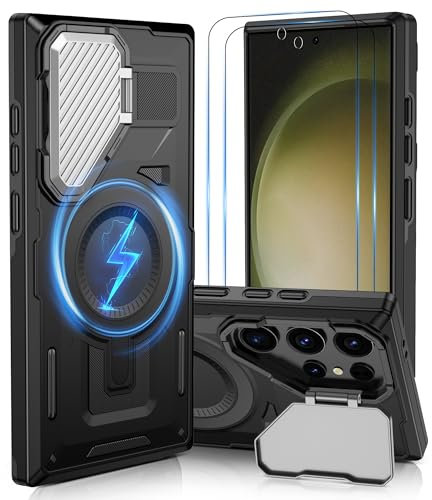 Pilaru for Samsung S22 Ultra/S23 Ultra Case [Compatible with Magsafe] Full Camera Protection | Alloy Stand | Military-Grade Protection, Magnetic Charging Phone Case for Galaxy S22/S23 Ultra,Black