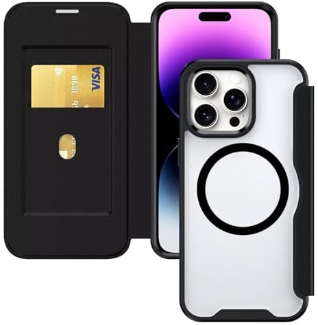 HAONANDE Magnetisch Handyhülle für iPhone 14 PRO MAX, Klapphülle Kompatibel mit MagSafe, RFID Blocker, Kartenfach, PU Leder Flip Stoßfest Schutzhülle Klar Case Schwarz