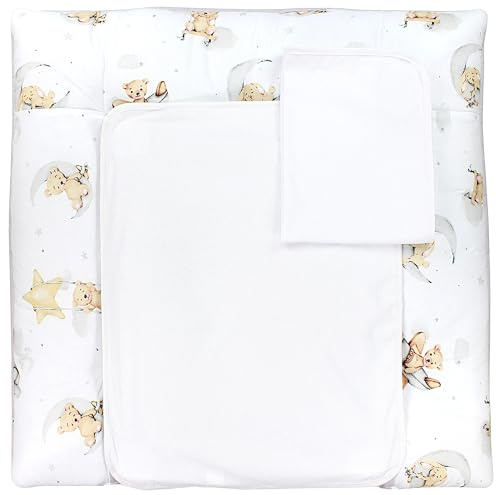 TupTam Wickelauflage mit 2 wasserfesten Frotteebezügen – weich gepolstert & hautfreundlich MAR02579, Farbe: Bärchen Kaninchen Grau/Beige, Größe: 75 cm Länge x 65 cm Breite