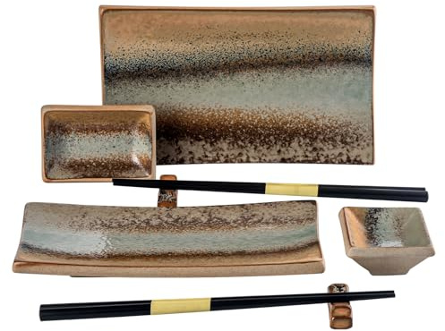 UNICASA Ceramic Sushi Plate Set 8 Piece, Japanese Style Sushi Serving Set for 2, Dishwasher & Microwave Safe, Include Sushi Plates, Sauce Dishes, Chopsticks & Holders, Light Brown
