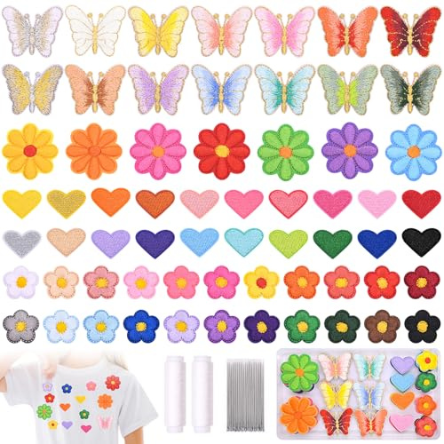 Nadisean 97 Stück Patches zum Aufbügeln Set, DIY Flicken zum Aufbügeln Kinder, Bügelflicken mit 25 Nähnadeln/2 Rollen Nähgarn Weißes, Aufnäher Bügelbilder für Textilien, Hut, Jacke, Jeans, Rucksäcke