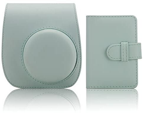QICNMFA Kamera Tasche Kompatibel mit Fujifilm Instax Mini 12 11 9 8 8+ Sofortbildkamera PU Leder Kameratasche mit 28 Taschen Mini Fotoalbum und Verstellbarem Schulterriemen (Mintgrün)