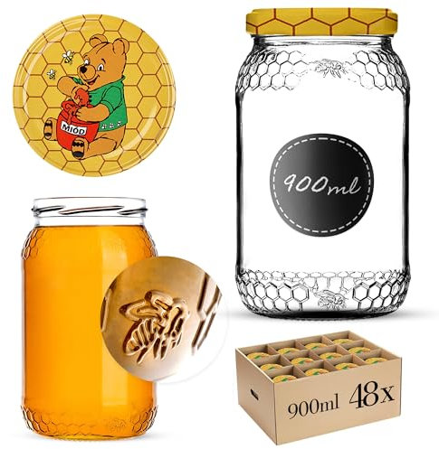 KADAX Lot de 48 bocaux à miel, 900 ml, avec couvercle à visser fi82 mm, pour miel, pots à confiture, bocaux à vis, motif Winnie l'ourson