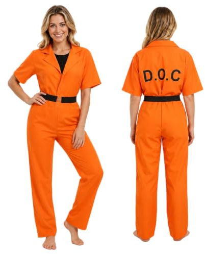 Joyincoser Orange Prisoner Costume Men Women Adult Prison Jail Jumpsuit Inmate Convict Suit Criminal Robbers Overalls Orange Boiler Pyjamas Loungewear Halloween Fancy Dress Gift for Cosplay Party
