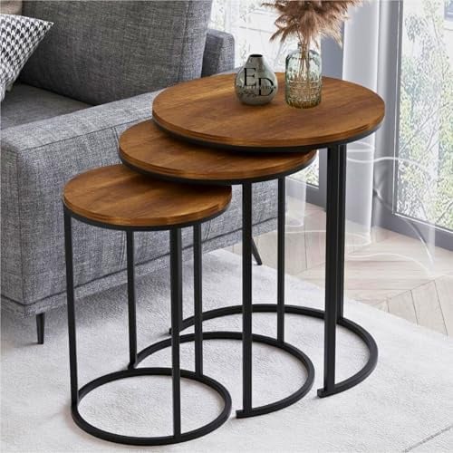 EMIDECO Table Basse Gigogne Ronde Lot de 3 – Plateau Bois Foncé – Pieds Métal Noir – Tables Salon Empilables Design Industriel Moderne