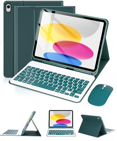 kantaj iPad Case with Keyboard Mouse for iPad A16 11th 11/10th Gen 10.9 | Magnetic Detachable Keyboard, Case with Pencil Holder for iPad 11th Generation 2025/10th Generation 2022, UK Layout,DarkGreen