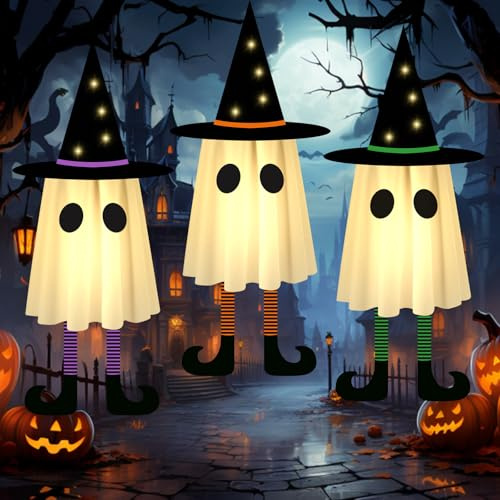 Larber 3pcs Halloween Hanging Ghosts Decorations Outdoor 60CM Glowing Ghost Witch Hat with LED Lights Hanging Ghosts with Witch Hat for Yard Garden Tree Halloween Indoor Outdoor Party Decoration