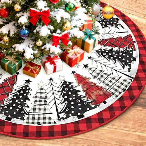 Coperta per albero di Natale, rotonda, 120 cm, motivo albero di Natale rosso e nero, motivo a scacchi di bufalo, albero di Natale, tappeto per albero di Natale, festa