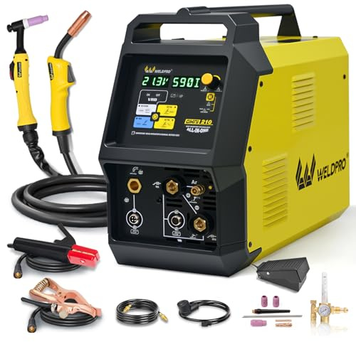 Weldpro - Saldatrice MIG Omni210 200A multi-processo 110 V/220 V, sinergico MIG/Flux Core/Stick/pistola a bobina/AC/DC HF TIG con impulsi, controllo di frequenza 6 in 1 saldatrice con torcia TIG