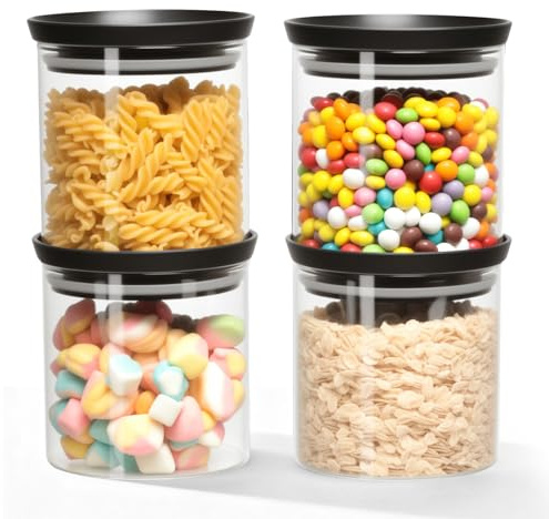 AiQInu Bocaux de conservation avec couvercle, 4x 600ml Bocaux à épices, récipients en verre avec couvercle, lot de 4 bocaux ronds Boîte de conservation pour aliments