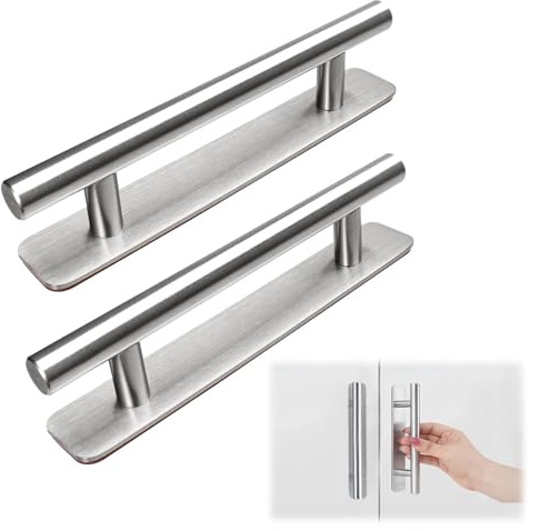 2 Pack Stick on Handles,Kitchen Cupboard Stick on Door Handles No Drilling | Plastic Self Adhesive Push Pull Doors Handgrip Replacement,for Bathroom Wardrobe Drawers Kitchen Fridge Dresser - Silver