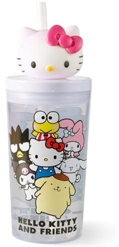 p:os Trinkbecher Kinder mit Strohhalm und Deckel Hello Kitty 425 ml – großer Strohhalmbecher aus Kunststoff, Weiß – Kinderbecher für kalte Getränke in Schule und Kindergarten, ab 3 Jahren