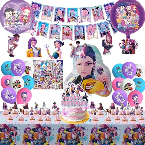 Geburtstagsdekorationen für Jungen und Mädchen, 112 Stück Dekorationen im Cartoon- und Anime-Stil, Banner, Hängende Charms, Tortendekoration, Tischdecke, Kids Stickers, Coole Anime-Style ballon