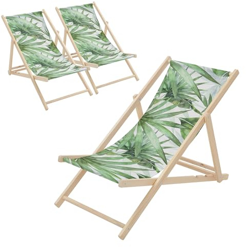 ECD Germany 3er Set Liegestuhl klappbar, Palme Grün-Weiß, Strandliege aus Holz, Sonnenliege mit verstellbarer Rückenlehne, Strandstuhl bis 120 kg, Gartenliege, Relaxliege für Garten, Balkon & Terrasse
