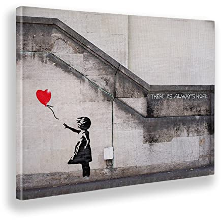 Giallobus - Gemälde - Banksy - Rotes Ballonmädchen - Leinwand mit Standardrahmen - 70L x 50l cm - Bereit zum Aufhängen - Moderne Gemälde