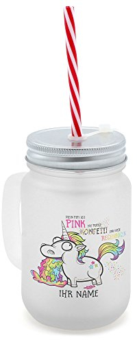 printplanet® - Trinkglas mit Henkel und Strohhalm - personalisiert mit Namen - Motiv Einhorn - Henkel-Glas satiniert mit Deckel und Mehrweg-Trinkhalm