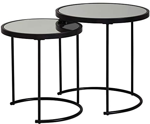 FineBuy Design Beistelltisch Rund Ø 50/42 cm - 2 teilig Schwarz mit Spiegel Glas, Wohnzimmertisch 2er Set, Satztisch verspiegelt, Couchtisch