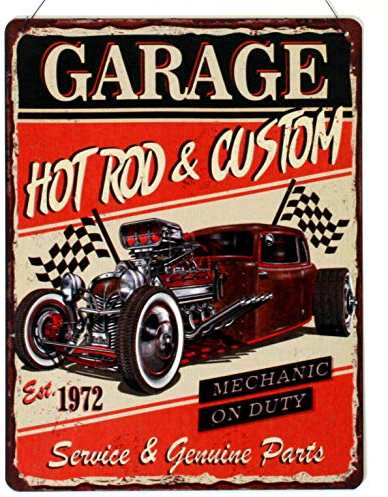 Blechschild Garage Hot Rod & Custom Service & Genuine Parts Mechaniker im Dienst bei der Arbeit 25 x 33 cm Deko Schild mit Aufschrift Aufdruck