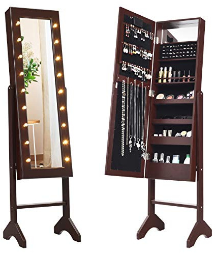 COSTWAY Armoire à Bijoux sur Pied avec 18 LED, Angle Réglable,Doublure en Velours Doux 35 × 31,5 x 145 CM (Marron)