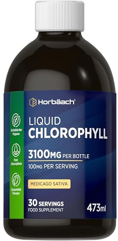 Liquid Chlorophyll Drops for Water | 3100mg Per Bottle | 473ml | Vegan Supplement | Mint Flavour | by Horbaach