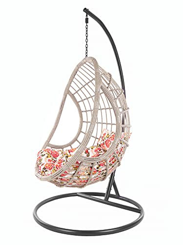 KIDEO Komplettset: Hängesessel mit Gestell & Kissen, Korbsessel, Poly-Rattan, grau-beige (Kissen: geblümt Chesterstepp (3762 summergarden))