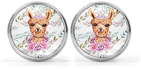 Damen Ohrstecker mit Motiv Alpaka Lama Ohrringe Edelstahl silber rosa Ohrschmuck Cabochon Tiermotiv