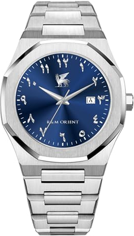 R&M ORIENT Herrenuhr mit arabischen Ziffern Edelstahl Analog Quarz Saphirglas Designer Große Armbanduhr Männer Mode Wasserdicht Uhr mit arabische Kalender Datum (Lamassu, Silber - Blau)