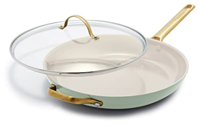 GreenPan Hard Anodized Healthy Ceramic Nonstick 12 Frying Pan Skillet with Helper Handle and Lid, Gold Handle, PFAS-Free, Dishwasher Safe, Oven Safe, Julep Green