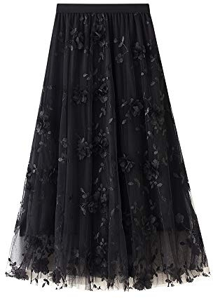 YILEEGOO Women's Tulle Skirt High Waist Tiered Layered Mesh Ballet Prom Party Tulle Tutu A-line Midi Skirt (Black Embroidery Floral, One Size)
