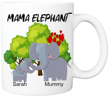 Mama Elephant Personalised Name Mummy Mug, Presents for Mum, Novelty Mugs Women from Daughter, Christmas Funny Present Mothers Day, Best Mum Mother Birthday, Step mums mam