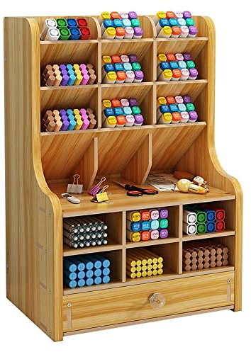 Hggzeg Updated Wooden Pen Organizer with Drawer, DIY Pencil Holder Desk Tidy Caddy Office Stationery Desktop Art Supply Organizer for Home Office Supplies(JB16-2 Cherry Color)