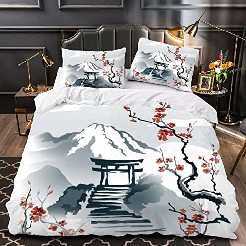 Woowin Housse De Couette 240x260 Adultes 3D Japon Parure de Lit 2 Personnes Style Oriental Douce Microfibre Housse De Couette 3 pièces avec Fermeture Éclair+2 Taies d'oreiller 50x75cm