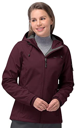 33,000ft Giacca softshell da donna, impermeabile, traspirante, calda, in pile, per le mezze stagioni, antivento, con cappuccio, rosso vinaccia, S