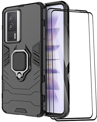 ESTH® Funda para Xiaomi Poco F5 Pro 5G/Redmi K60 Pro/K60 con 2 Piezas Protector de Pantalla, Giratorio Soporte de 360°, Compatible con Soporte Magnético para Coche, Carcasa Negro