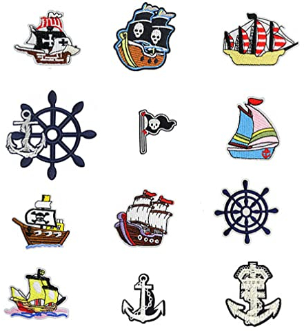 Guoguonb 12 Stück Piraten Stickerei on Patches DIY Accessories Flicken zum Aufbügeln Kinder Flagge Totenkopf Segelboot Patches Cute Sewing Applique für Mützen Taschen Jeans Kleidungsdekorationen