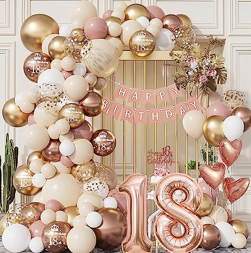 18. Geburtstag Deko Mädchen - Luftballon Girlande Rosa Rosegold Gold Confetti Beige Weiß - Ballon Girlande Geburtstagsdeko Mädchen Geschenk Tischdeko