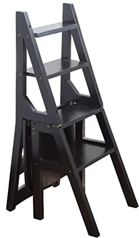 Hölzerner Leiter-Stuhl-Klapptritt-Schemel, Treppen-Stuhl-Milti-fuktions-Sicherheits-Haushaltsleiter-Trittleiter-Bibliotheks-Stufen-Bücherregal-Anzeigen-Regale,Schwarz