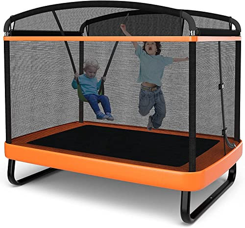 6FT Kids Trampoline with Swing, Rectangle Recreational Trampoline with Enclosure Safety Net, Indoor Outdoor Baby Toddler Play Combo Bounce, Birthday Gift for Boy & Girl (Orange)