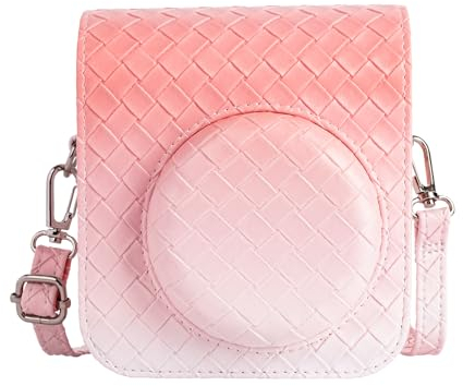 MUZIRI KINOKOO Housse pour Fujifilm Instax Mini 12 Appareil Photo Instantané étui, Cuir PU Gradient Weave Veins Coque de Protection avec Bandoulière - Rose