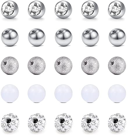 Funseedrr Silber Piercing Kugeln Set 1,6mm Gewinde Edelstahl 5mm Ersatzkugel Schraubkugel