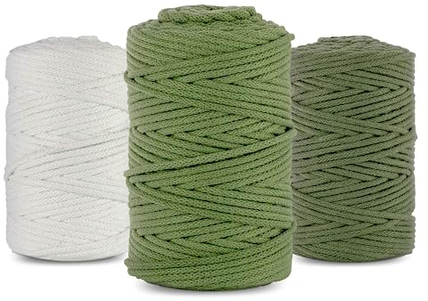 Netuno 3 gomitoli di filato macramè 5 mm 100 m set di 3 cordoncini di cotone colore cachi colore verde pistacchio bianco per macramè filo decorativo filo di cotone