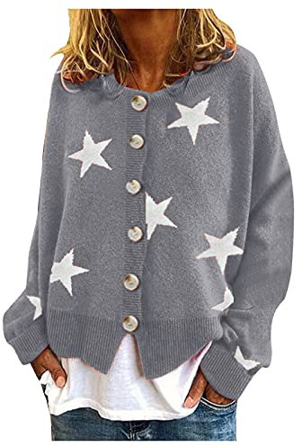 WVONIF Femmes Chaud Mode Pull Cardigans étoile Impression à Manches Longues Chandails à col Rond recadrée Bouton Pull Haut Plaid Polaire Pull (Grey-E, S)