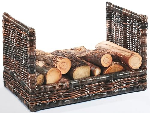 Kobolo Kaminholzablage Kaminholzregal - krabu Rattan - mit Leinenstoff - 75x44x45cm