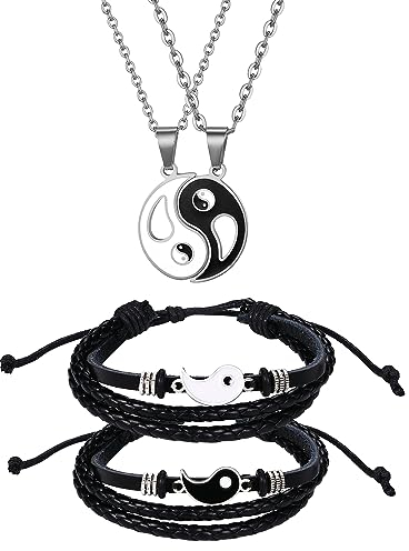 Herren Yin Yang Armband Halskette, Freundschaftarmband Panzerarmband Lederarmband Halsschmuck mit Wikinger Keltischer Kreuz Anhänger