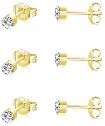 SNORSO 3 Paar Silber Ohrstecker Ohrringe Set für Damen Herren Mädchen, Hypoallergen Silber 925 kleine Cubic Zirkonia Ohrringe für Kinder,14K Gold Knorpel Sleeper Ohrstecker für mehrere Piercings 3mm